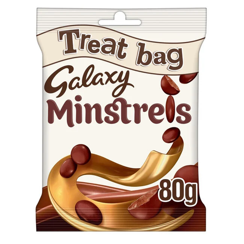 Galaxy Minstrels bag 80g smooth milk chocolate bites with crisp shell classic Galaxy chocolate snack bag