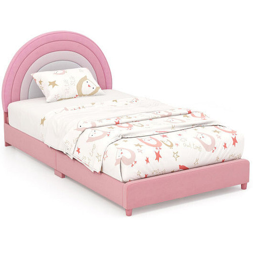 Twin Bed Frame with Height-Adjustable Headboard and Sturdy Wooden Slats-White & Pink - Color: White D681-HY10273PI