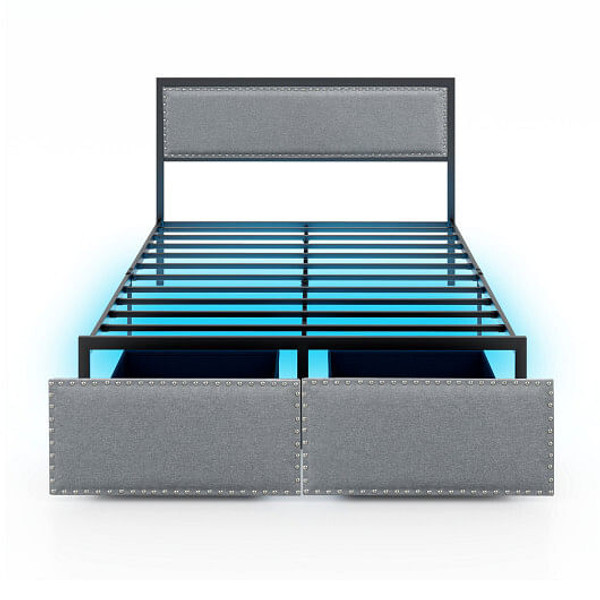 Full/Queen/Twin Size Bed Frame with LED Lights Drawer and Metal Slats-Full Size - Color: Gray - Siz D681-HU10701GR-F