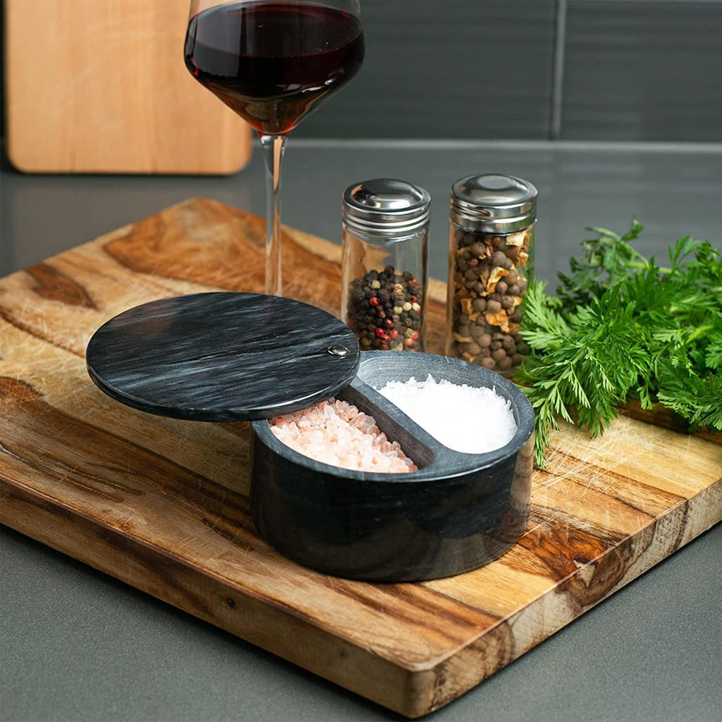 Dual Compartment Salt Box - Black Marble, 5-in - The Gourmet Warehouse