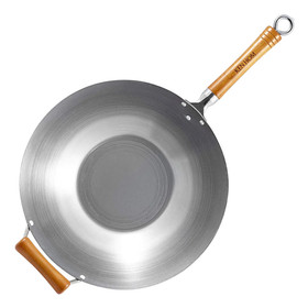 KEN HOM Wok Carbon Steel Wood Handle - Uncoated, 14-in