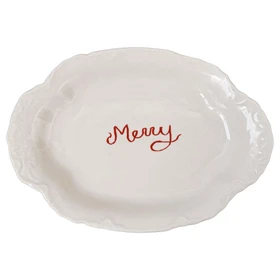 CREATIVE CO-OP Scalloped Stoneware Platter  Embossed Edge - Merry, 10 x 7-in 