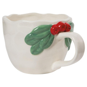 NOW DESIGNS Christmas Sculpted Mug Mistletoe - White Stoneware, 13oz 