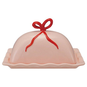 CREATIVE CO-OP Scalloped Butter Dish with Bow - Stoneware, 6.5 x 4.3-in 