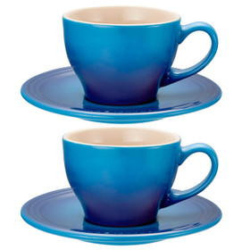 Le Creuset Set of 2 Stoneware Cappuccino Cups Saucers 7oz 200 ml Cerise Red  NIB