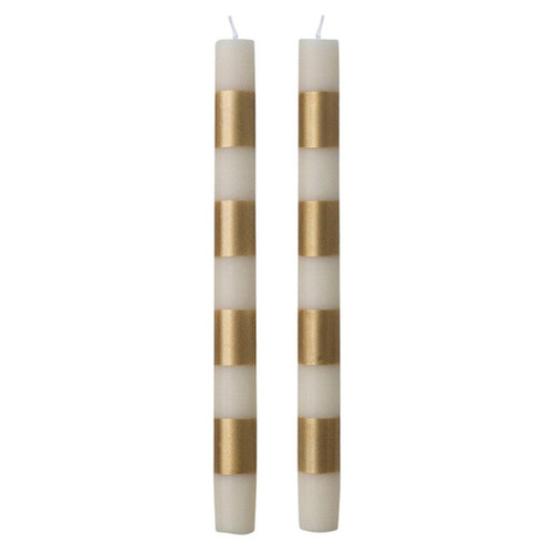 CREATIVE CO-OP Taper Candles with Stripes - Cream & Gold, Box of 2 
