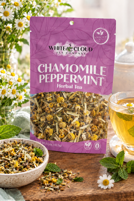 A soothing herbal blend designed to relax the body and refresh the mind. Soft floral notes from chamomile pair beautifully with the cool crispness of peppermint and the bright, citrusy lift of lemongrass. Naturally caffeine-free, it’s the perfect cup for finding clarity in the chaos or unwinding at the end of the day.

Why loose leaf tea?
Loose leaf tea holds more of what nature intended: fuller flavor, richer aroma, and the space to unfurl and release its true character in every cup. We honor that process and bring you tea that’s always extraordinary.

Our Commitment
At White Cloud Tea Company, we are devoted to offering only the freshest, most flavorful loose leaf teas. We believe that tea should be a sensory experience—vibrant, aromatic, and full of life. That’s why we source with care and blend with intention, using whole leaves, real botanicals, and no shortcuts.

Steeping Instructions:
1 tsp per 8 oz | 212°F | Steep 5-7 min

Ingredients: chamomile flowers, lemongrass & peppermint leaves

Caffeine level- none

