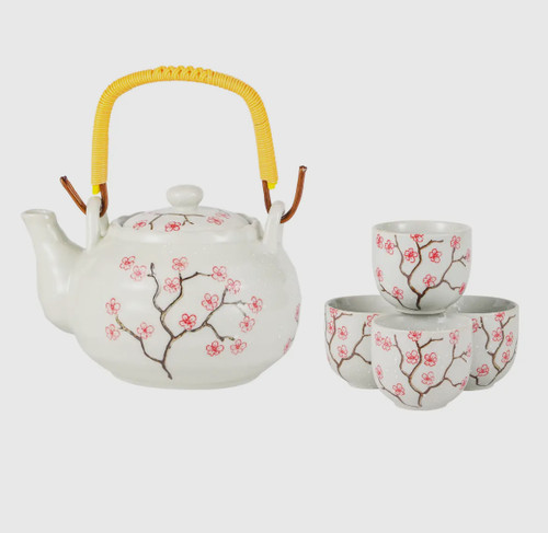 Sakura cherry blossom tea pot, 22-ounce tea pot with 4 cups, cherry blossom tea set, Japanese tea pot, ceramic tea pot set, Sakura tea set, cherry blossom tea pot gift, tea set for tea lovers.