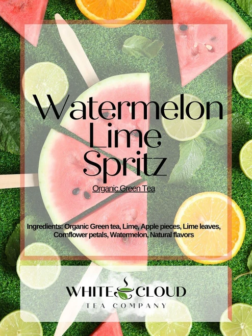 Watermelon Lime Spritz Organic Green Tea

Watermelon • Lime • Spritz • Organic Green Tea

Watermelon Lime Spritz Organic Green Tea – 2 oz.

Fresh, juicy, and wonderfully refreshing, Watermelon Lime Spritz is like summertime in a teacup! This vibrant organic green tea combines the sweet, mouthwatering flavor of watermelon with the bright, zesty tang of lime. Apple pieces add a touch of natural fruity sweetness, while delicate lime leaves and cornflower petals create a beautiful blend that is as lovely to look at as it is to sip. Refreshing hot or absolutely irresistible over ice, this is the perfect tea for sunny afternoons, backyard gatherings, and anytime you want a little taste of summer.

Ingredients: Organic green tea, lime, apple pieces, lime leaves, cornflower petals, watermelon, natural flavors.

Brewing Instructions

Use 1 teaspoon of loose leaf tea per 8 oz. of water. Heat water to approximately 175–185°F and steep for 2–3 minutes. Strain and enjoy! For a refreshing iced tea, double the amount of tea and pour over ice after steeping.

Caffeine Level: ☕ Medium

Our Commitment to Quality

At White Cloud Tea Company, we believe exceptional tea starts with exceptional ingredients. Each blend is carefully crafted in small batches using quality tea leaves, herbs, fruits, spices, and natural flavors whenever possible. We take pride in creating teas that are as beautiful and flavorful as they are enjoyable to drink. Our teas are packaged locally in Austin, Texas, with care and attention to quality in every batch.

Why Loose Leaf Tea?

Loose leaf tea gives the leaves, fruits, and botanicals plenty of room to expand as they steep, allowing their flavors and aromas to fully develop. Unlike many traditional tea bags, loose leaf tea lets you see the beautiful ingredients you’re brewing while giving you control over the strength of every cup. Simply scoop, steep, strain, and enjoy a better cup of tea!