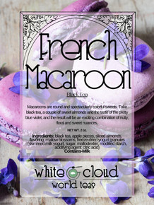 Macaroons are round and spectacularly colorful sweets. Take black tea, a couple of sweet almonds and the taste of the pretty blue violet, and the result will be an exciting combination of nutty, floral and sweet nuances.
2 ounces

Ingredients; black tea, apple pieces, sliced almonds, flavoring, mallow blossoms, freeze-dried yogurt granules (skimmed milk yogurt, sugar, maltodextrin, modified starch, acidifying agent: citric acid)
Contains-Milk