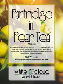 Premium white tea from Fujian region of China infused with the taste of ripe pears. Warm and sugary aroma, like a freshly baked pear, with a pear skin crisp finish. Wonderfully smooth and rounded, perfect hot or iced. 

NET WT. 1  oz.

Ingredients; white tea, apple pieces & natural pear flavor