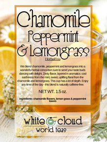 We blend chamomile, peppermint and lemongrass into a wonderful herbal concoction sure to send your taste buds dancing with delight. Zesty flavor, layered in aromatics: cool earthiness from the mint, sweet, uplifting floral from the chamomile and lemongrass. This cup has a lot of depth. Enjoy any time of the day - this blend is naturally caffeine-free.
Ingredients: chamomile flowers, lemon grass & peppermint leaves. Herbal teas, herbal tisane, caffeine free tea, bedtime time, sleepy time tea,tea for sleep, tea for rest
