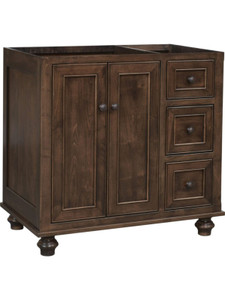 Amish-built Oceanside Bathroom vanity with detailed inset doors and drawers and chunky rounded feet with a decorative bottom edge profile Amish-built Oceanside Bathroom vanity with detailed inset doors and drawers and chunky rounded feet with a decorative bottom edge profile