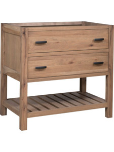 Modern-style open shelf, Amish-made bathroom vanity with inset drawers and shaker sides Modern-style open shelf, Amish-made bathroom vanity with inset drawers and shaker sides