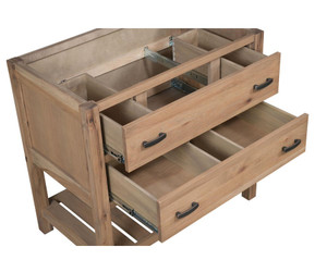 Modern-style, Amish-made, open shelf bathroom vanity shown with open drawers and bottom shelf Modern-style, Amish-made, open shelf bathroom vanity shown with open drawers and bottom shelf