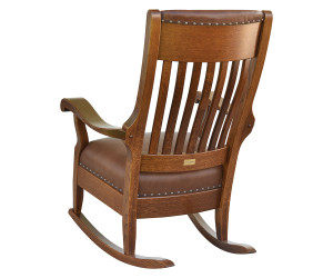 Grandma's GR-30 Wide Rocker with beautiful leather seat and headrest, shown in QSWO with OCS-113 Michaels Cherry finish - showing back view