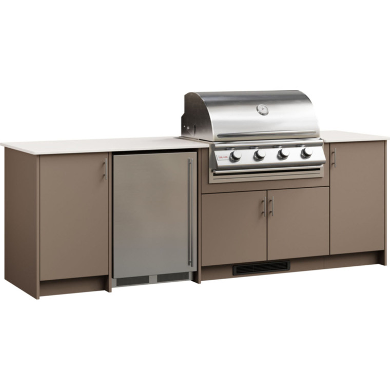 Agora Large Blaze Outdoor kitchen island made from MGP poly designed for a  Blaze built-in grill, side prep area, and weather-resistant storage shown with Clay base and whitewash top