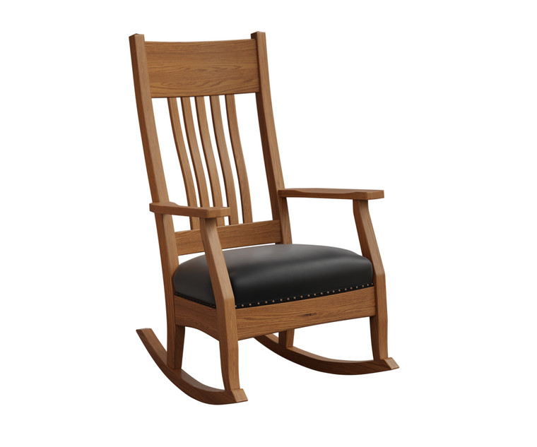 Amish Misson Rocker MR-235 designed to accentuate the grain of the hardwood with a nail studded leather seat
