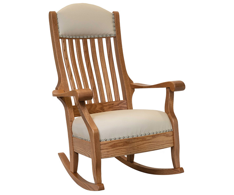 Aunties Wide Back Oak Rocker with leather seat and headrest for ultimate comfort