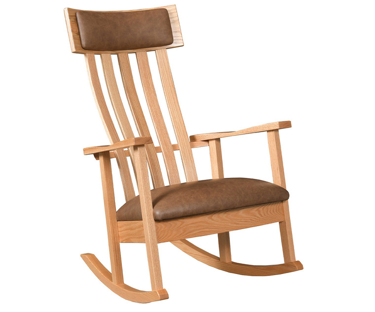 Amish Hardwood London Rocker with lumbar back, upholstered leather or fabric seat and headrest; also available as glider, swivel glider, or desk chair.