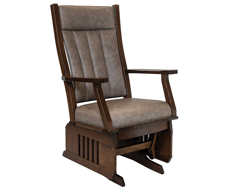 Amish-made Mission glider MG-240-SL with slat sides, hardwood frame, leather or fabric upholstery, nailhead trim.