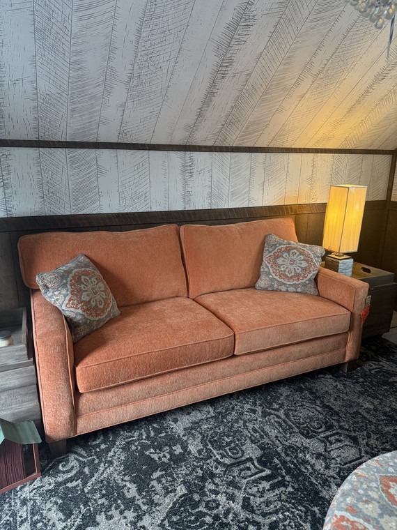 Tailor Made 85" Sofa with solid wood frame, 8-way hand tied - soft coral colored performance fabric with modern arm and loose back cushions