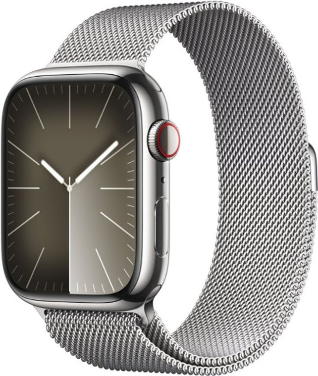 Apple Watch Series 9 (GPS + Cellular) 45mm Silver Stainless Steel Case with Silver Milanese Loop (150-200mm wrist)