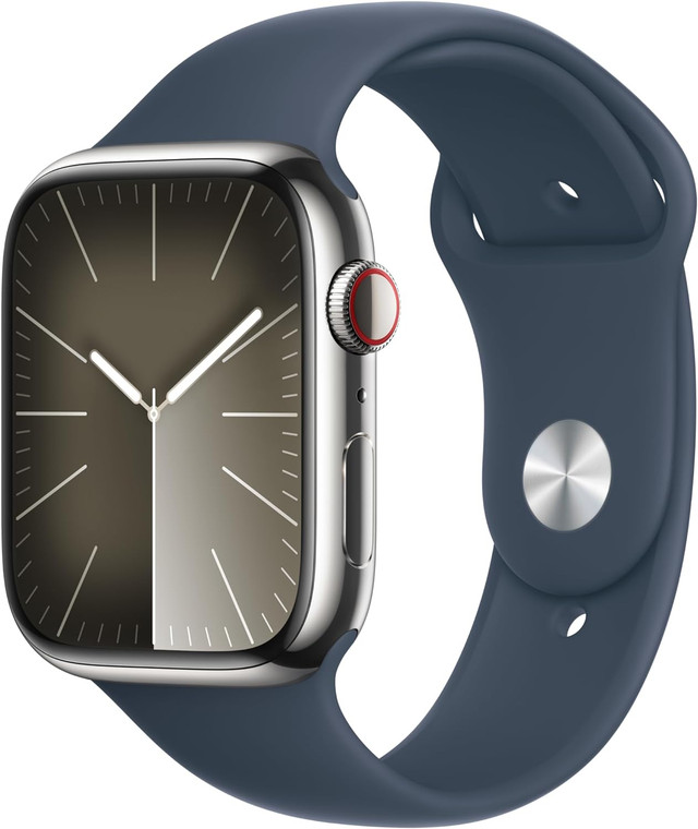 Apple Watch Series 9 (GPS + Cellular) 45mm Silver Stainless Steel Case with Storm Blue Sport Band S/M (140-190mm wrist)