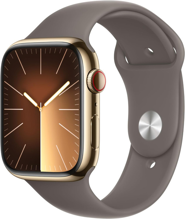 Apple Watch Series 9 (GPS + Cellular) 45mm Gold Stainless Steel Case with Clay Sport Band M/L (160-210mm wrist)