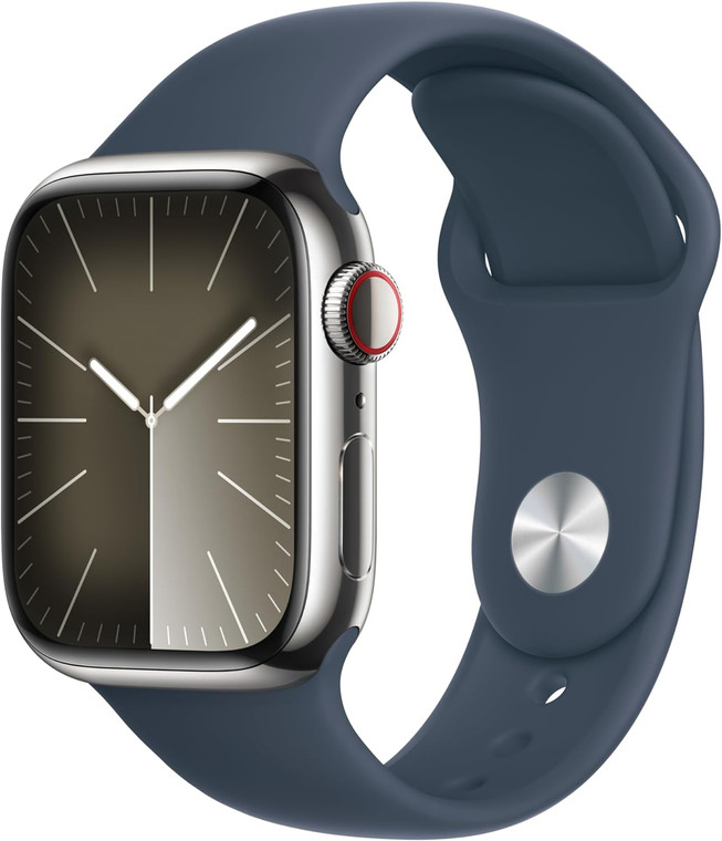 Apple Watch Series 9 (GPS + Cellular) 41mm Silver Stainless Steel Case with Storm Blue Sport Band M/L (145-200mm wrist)