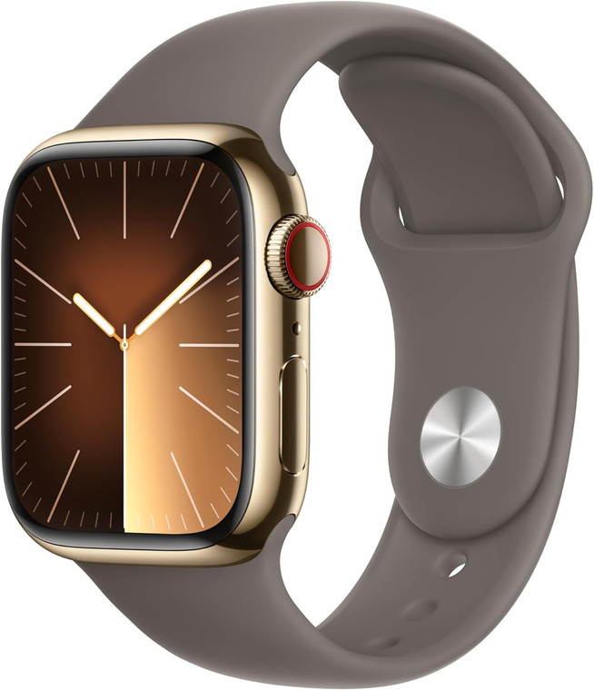 Apple Watch Series 9 (GPS + Cellular) 41mm Gold Stainless Steel Case with Clay Sport Band M/L (145-200mm wrist)