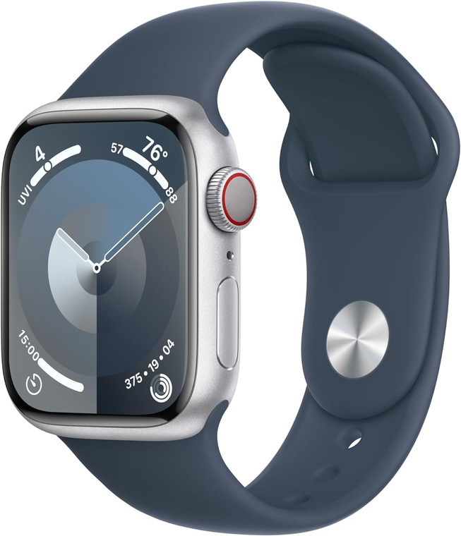 Apple Watch Series 9 (GPS + Cellular) 41mm Silver Aluminium Case with Storm Blue Sport Band S/M (130-180mm wrist)