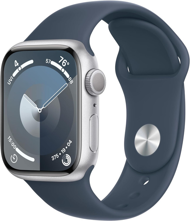 Apple Watch Series 9 (GPS) 41mm Silver Aluminium Case with Storm Blue Sport Band S/M (130-180mm wrist)