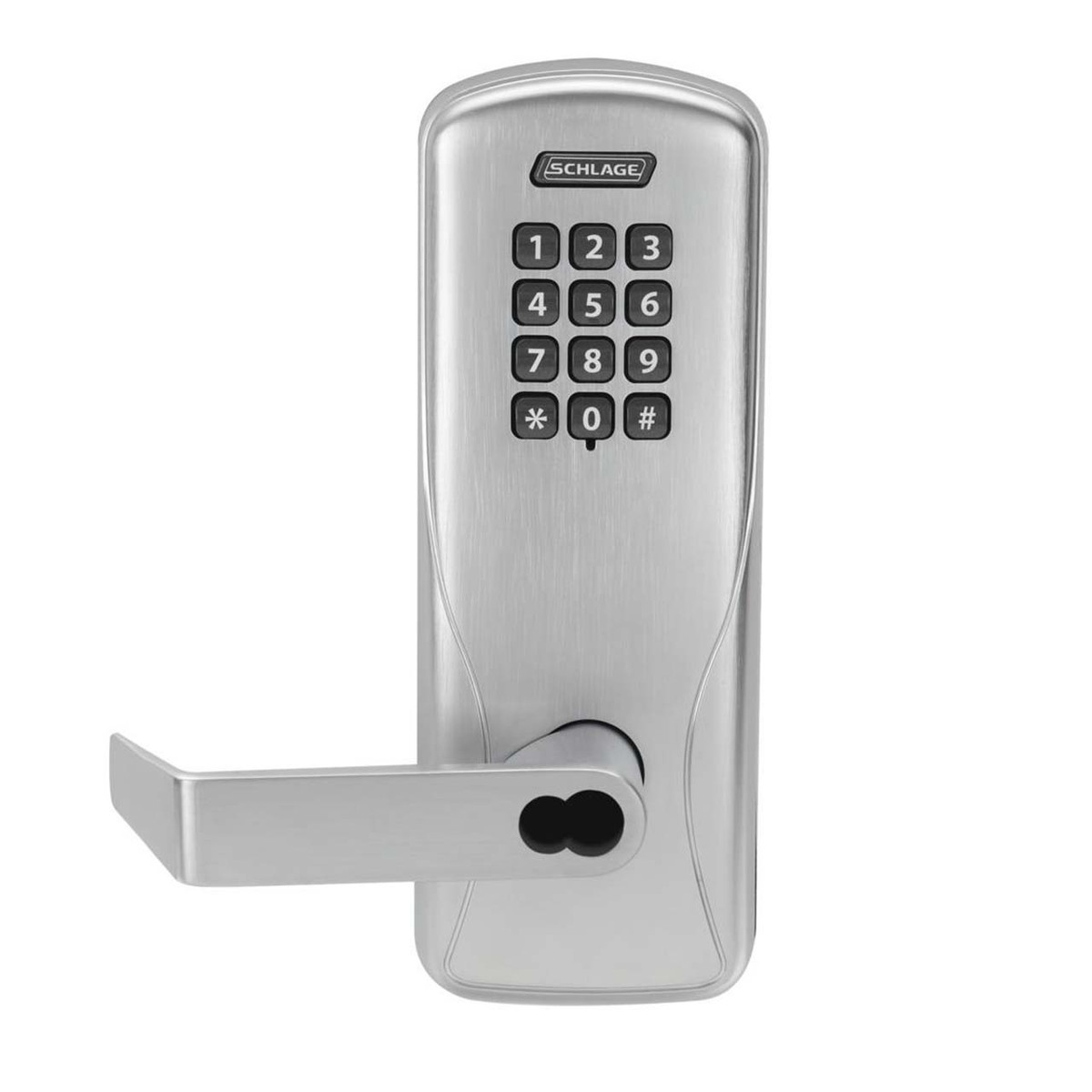 Schlage CO100 CY 70 KP RHO 626 J, Electronic Lock Cylindrical, Classroom / Storeroom, Keypad Reader, Rhodes Lever, Satin Chrome, Less FSIC Schlage CO100 CY 70 KP RHO 626 J, Electronic Lock Cylindrical, Classroom / Storeroom, Keypad Reader, Rhodes Lever, Satin Chrome, Less FSIC