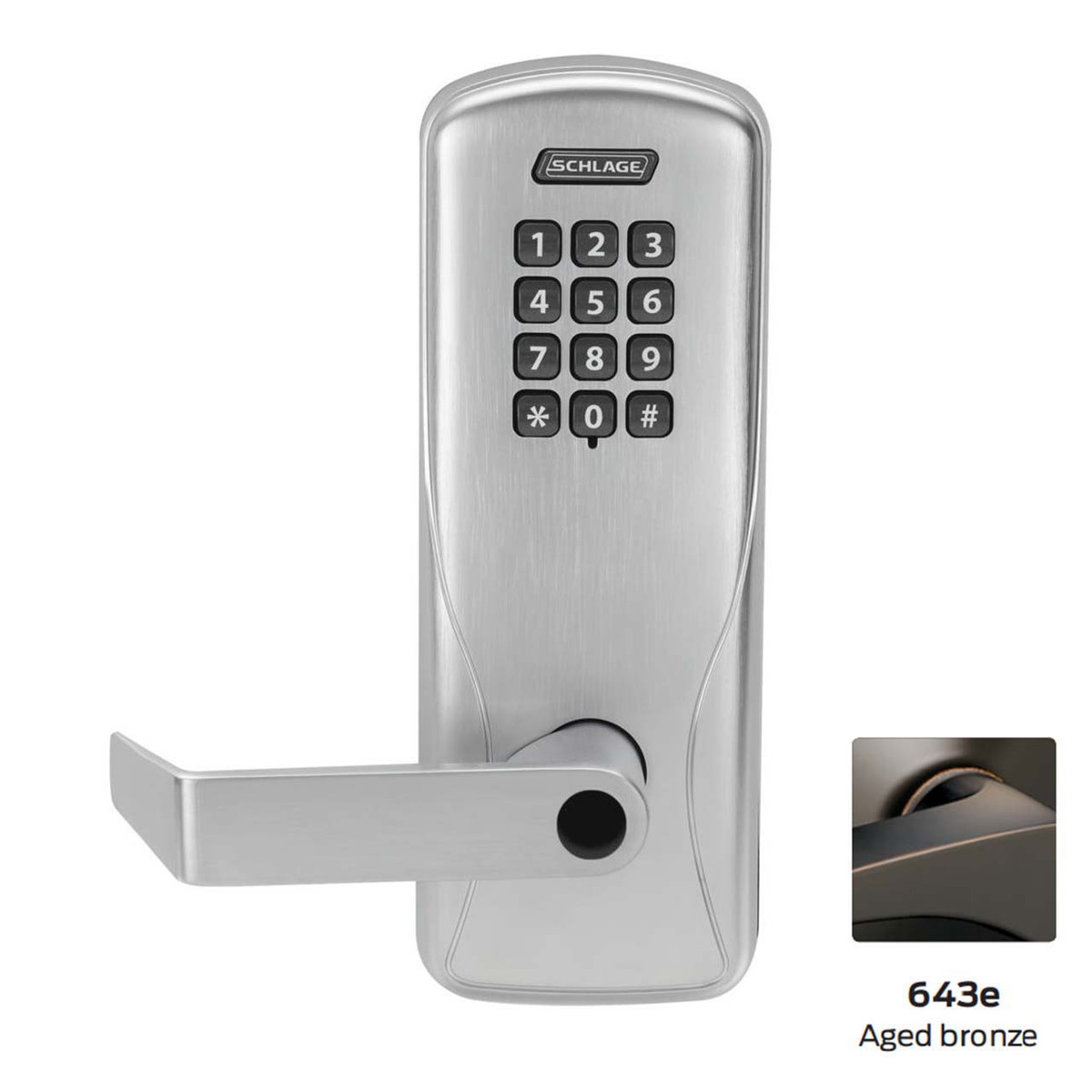 Schlage CO100 CY 70 KP RHO 643 L, Electronic Lock Cylindrical, Classroom / Storeroom, Keypad Reader, Rhodes Lever, 643 Aged Bronze, Less Cylinder