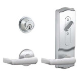 Schlage CS210 B500PD SAT 626 CAM, Grade 2 Entrance Single Locking Interconnected Lock, Saturn Lever, Saturn Rose/Camelot Escutcheon, C Keyway, Satin Chrome