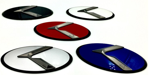 Gunmetal Gray K Logo 3.0 LODEN K Badges with Matte Black Edge, Red, blue, white, silver, black or blue CENTER color options, multi color K badges for Kia models Optima Cadenza Forte Rio Stinger Niro Sorento Sportage K900 Soul and more