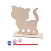 PNT-045 Wooden Painting Set: 1 Wooden Cat Shape w/base 5.9"x6.5" + 1 Paint Brush+ 3 Colors of Tempera Paint