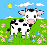 Canvas Paint by Number Set- Cow.   Include:    1 Wrapped Canvas 11.8"x11.8",    6 Acrylic Paint Colors,     1 Pointed Tip Paint Brush w/plastic handle