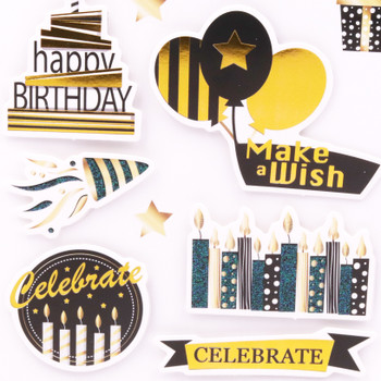 SF-139 Happy Birthday 3D Sticker, Gold/Black,