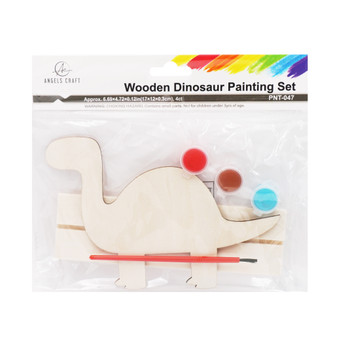 PNT-047 Wooden Painting Set: 1 Wooden Dinosaur Shape w/base 6.7"x4.7" + 1 Paint Brush+ 3 Colors of Tempera Paint