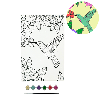 Canvas Paint by Number Set- Humming Bird.   Include:  1 Wrapped Canvas 7.5"x11.4",  6 Acrylic Paint Colors , 1 Pointed Tip Paint Brush w/plastic handle