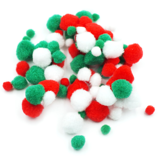 100ct. Pom Pom, Asst. Colors and Sizes: White, Red and Green
