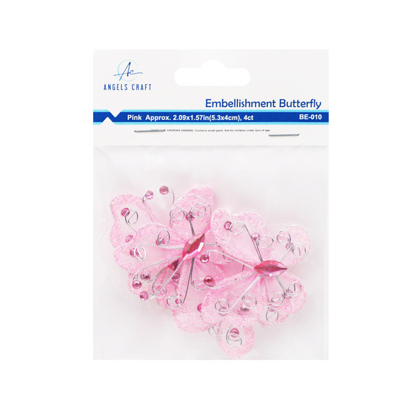 4 ct. Embellishment Butterfly-Pink, Approx. 2.09x1.57in (5.3x4cm)