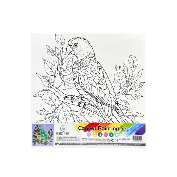 Canvas Paint by Number Set- Parrot.   Include:    1 Wrapped Canvas 11.8"x11.8",     6 Acrylic Paint Colors,   1 Pointed Tip Paint Brush w/plastic handle