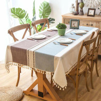 Stitching Tassel Cotton Linen Fabric Table Cover Tablecloth Square 55x98 Inch