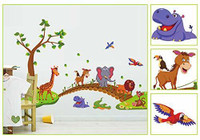 ROOHO Jungle Animals Tree Wall Stickers Lion Giraffe Elephant Walking on Bridge