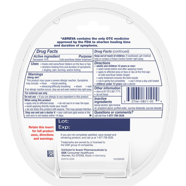 Abreva Docosanol 10% Fever Blister and Cold Sore Treatment, 0.07 Oz Exp 2024