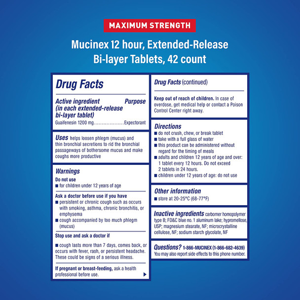 Chest Congestion, Mucinex Maximum Strength 12 Hour Extended Release Tablets, 42ct, 1200 mg Guaifenesin with extended relief of