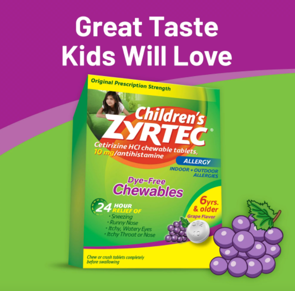Zyrtec 24 Hour Children's Allergy Chewable Tablets, Grape, 24 ct